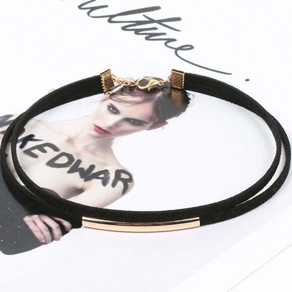 2/$30 Black Gold Choker Statement Necklace Metal Gold Tone Classic Vegan Leather - Picture 6 of 9
